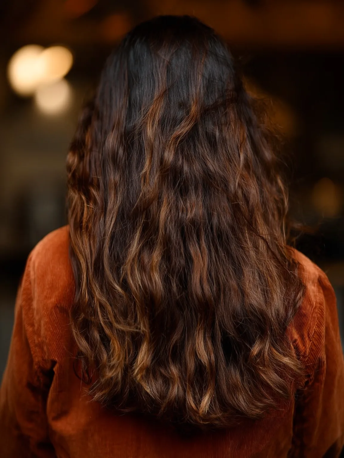 Long Natural Layers in Warm Caramel Brown with Subtle Highlights